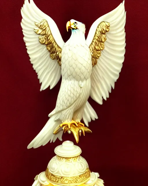 Prompt: gorgeous ornated snow white porcelain realistic detailed sacred bald eagle statue with golden filigree carved out of ivory, high resolution photo, crisp