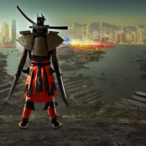 Image similar to a samurai cavalry batallion an abandoned ruined hong kong in the background, very detailed 8 k, neon cyberpunk fantasy style, end of the world, unreal engine render, global illumination, ray tracing, octane render, rtx, path tracing, enhanced, by julian calle, trending on artstation
