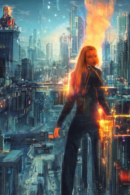 Prompt: in the foreground Saint Petersburg in cyberpunk, in the background a magnificent young blonde woman from behind playing with flames coming out of her hands wearing a long matrix-style jacket, realistic, high definition, many details, dramatic scene, symmetrical face, eyes realistic, cyberpunk, art of Alex Ross
