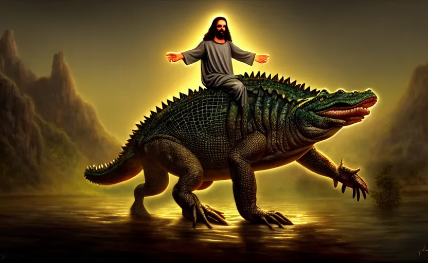 Prompt: jesus rides an aligator, cinematic, fantasy, hyper detailed, digital painting, 4 k realistic, trending on artstation, sharp focus, john banovich, photographer art wolfe, light source on left