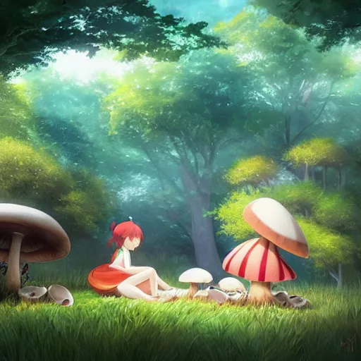 Image similar to a cute picnic in a mushroom forest. soft lighting, cgsociety masterpiece, artstation trending, studio ghibli, 4k, digital art, concept art