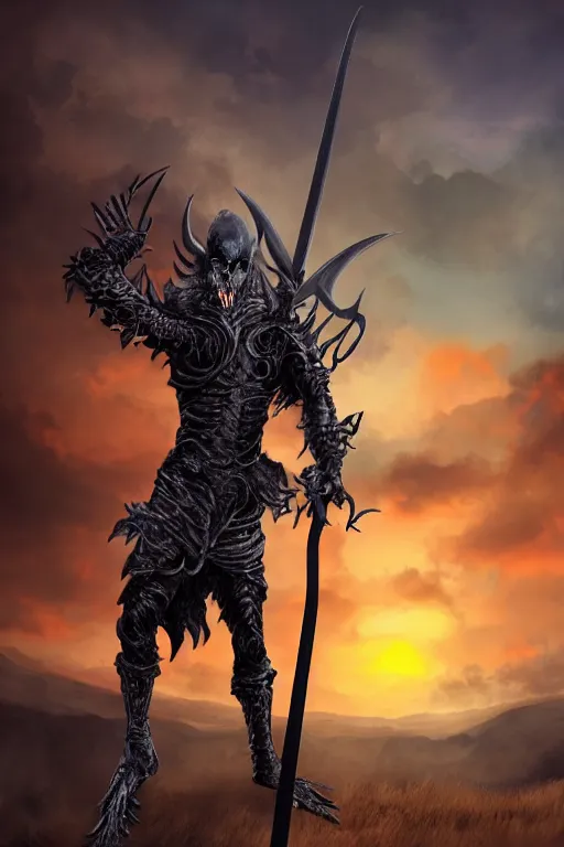 Prompt: photorealistic full body fantasy portrait of death holding a scythe, and wearing a full suit of draconic armor standing on a hill on a sunset, dynamic lighting, photorealistic, 8k, cinematic, stunning, and beautiful scenery