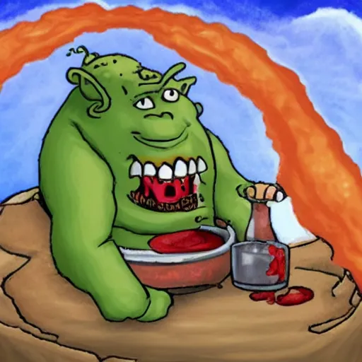 Image similar to ogre drinking a sea made of hot sauce