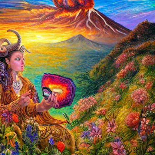 Image similar to painting by senior concept artist josephine wall, horned ram goddess, checking her cell phone, erupting volcano and sunset in distance in background, flowers in foreground, zodiac, fantasy acrylic on canvas, intricately detailed, highly detailed, high resolution, hdr, 8 k, trending on artstation