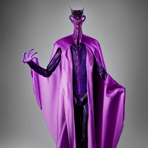 Image similar to 4 k studio portrait photograph of a tall interdimensional mantis extraterrestrial in a purple cloak