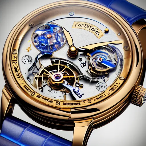 Prompt: a steampunk Jaquet Droz Skelet-One Tourbillon “Only Watch”, highly detailed illustration highlights, gold and silver highlights, neon blue highlights, macro photography, F/2.8, trending on artstation, octane render