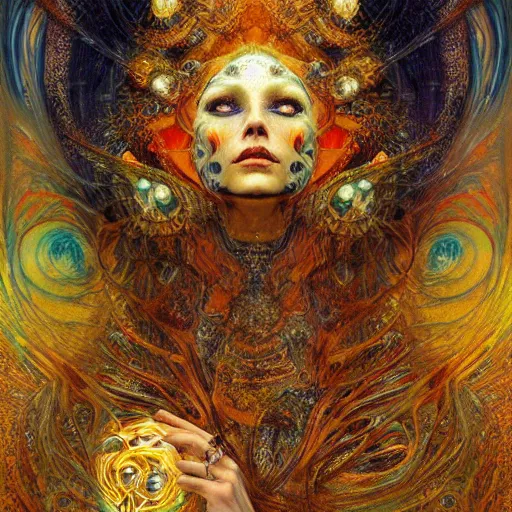 Image similar to Divine Chaos Engine by Karol Bak, Jean Deville, Gustav Klimt, and Vincent Van Gogh, beautiful visionary mystical portrait, sacred, otherworldly, fractal structures, ornate gilded medieval icon, third eye, spirals