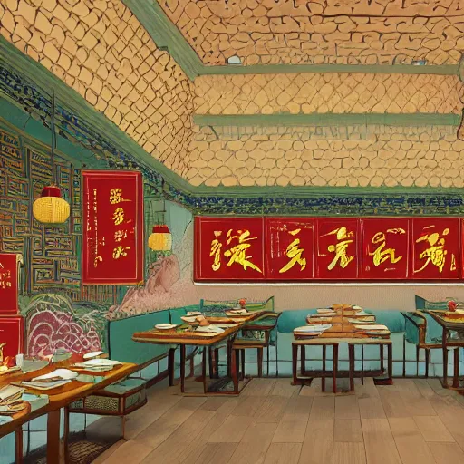 Image similar to a beautiful hyperdetailed interior 4 k hd wallpaper illustration of roasted string hotpot restaurant restaurant yan'an, corner, simple style, wall painting, from china, with merchant logo, fine delicate structure, surrealistic, chinese style, victo ngai