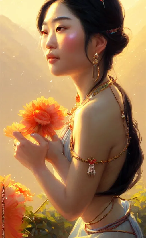 Image similar to a beautiful taiwan goddess with sundress with jewelry | | winter, realistic shaded, unpleasant face, good looking, fine details, realistic shaded lighting poster by greg rutkowski, magali villeneuve, artgerm, jeremy lipkin and michael garmash and macoto takahashi