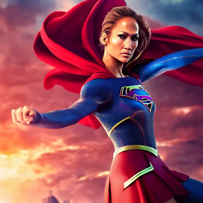 Image similar to jennifer lopez as supergirl. intricate abstract. intricate artwork. by tooth wu, wlop, beeple, dan mumford. octane render, trending on artstation, greg rutkowski very coherent symmetrical artwork. cinematic, hyper realism, high detail, octane render, 8 k, iridescent accents