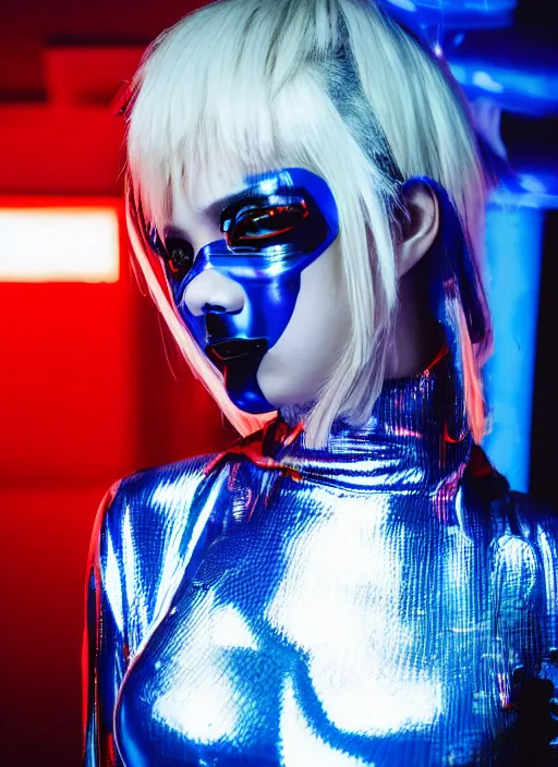 Prompt: a close-up risograph long shot of cyberpunk japanese model girl with black eyes and visible face wearing latex catsuit and lots of transparent and cellophane accessories, blue hour, twilight, cool, portrait, soft red lights, Kodachrome, ISO1200,