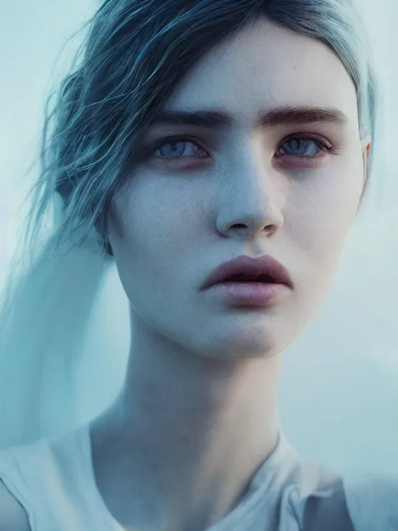 Image similar to portrait art of female angel by alessio albi 8 k ultra realistic, lens flare, atmosphere, glow, detailed, intricate, full of colour, cinematic lighting, trending on artstation, 4 k, hyperrealistic, focused, extreme details, unreal engine 5, cinematic, masterpiece