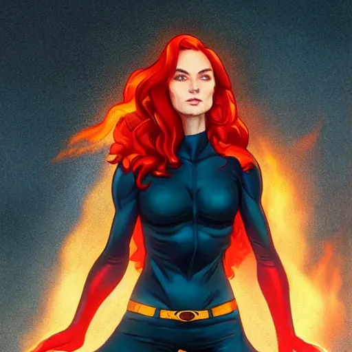 Image similar to jean grey, a full body portrait of jean grey, green eyes, red hair, phoenix rising, flames, flying, comic, x - men, highly detailed, artstation, deviantart, symetry, digital painting, vivid colors, realistic shaded perfect face, volumetric lighting, atmospheric, sharp focus, moody, art by artgerm and greg rutkowski, 8 k