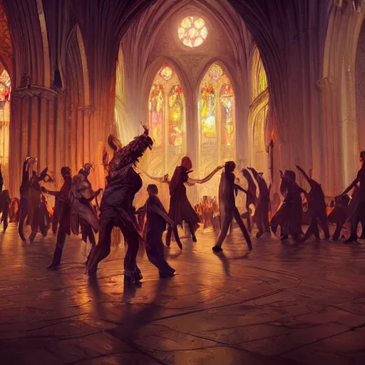 Prompt: a small group of people dancing ecstatic in a cathedral, D&D, fantasy, intricate, cinematic lighting, highly detailed, digital painting, artstation, concept art, smooth, sharp focus, illustration, art by Greg Rutkowski