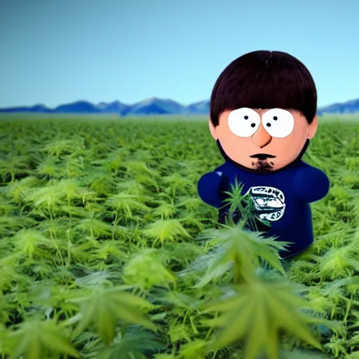 Image similar to randy marsh from south park sitting in the field of weed he grows on tegridy farms, 4 k