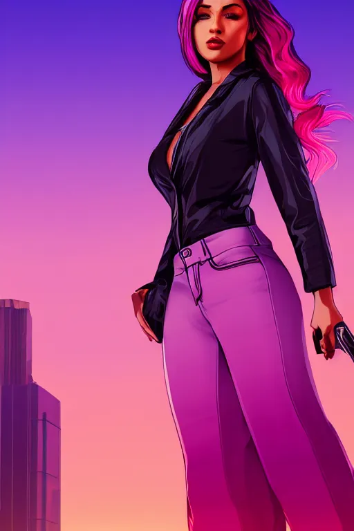 Image similar to a stunning GTA V loading screen with a beautiful woman with ombre purple pink hairstyle, hair blowing in the wind, sunset mood, outrun, vaporware, retro, digital art, trending on artstation