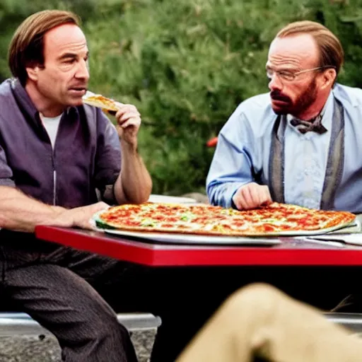 Image similar to Saul Goodman eating pizza with Walter White