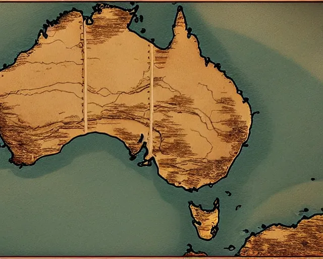 Prompt: recently rediscovered map of Australia with river systems and topology, lifelike, super highly detailed, professional digital painting, artstation, concept art, smooth, sharp focus, extreme illustration, Unreal Engine 5, Photorealism, HD quality, 8k resolution, cinema 4d, 3D, beautiful, cinematic, art by artgerm and greg rutkowski and alphonse mucha and loish and WLOP