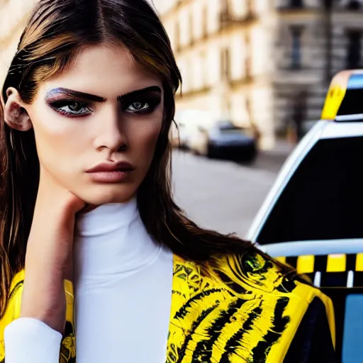 Prompt: close up of a fashion model standing in front of a taxi, official versace editorial, highly detailed