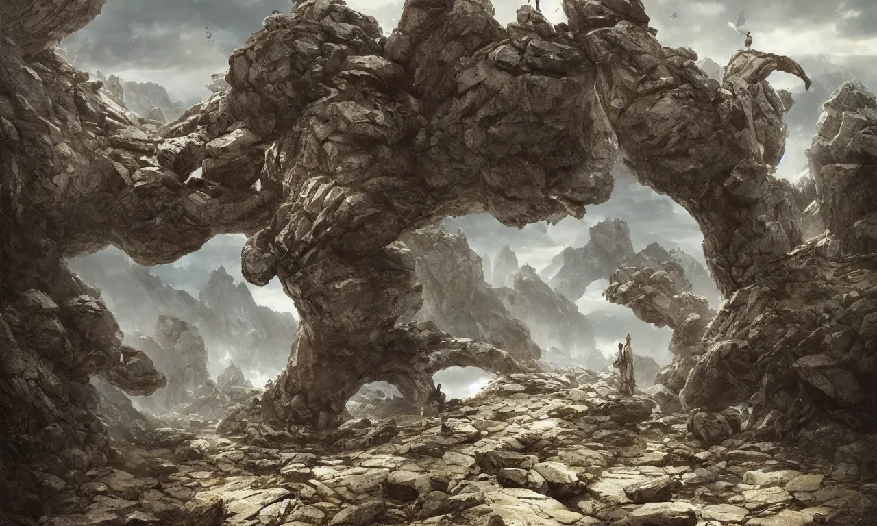 Image similar to creature made of rocks throwing rocks alpine valley. tooth wu, edward gorey, greg rutkowski, andreas achenbach, artgerm, mikko lagerstedt, zack snyder, tokujin yoshioka