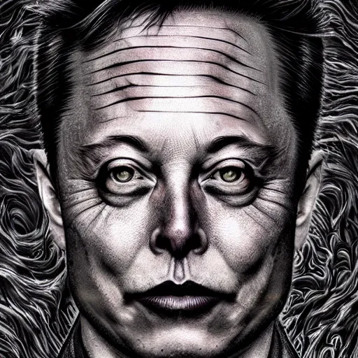 Prompt: elon musk scariest horror nightmare by junji ito, digital art, deepdream cosmic, 3 d high definition, trending on artstation, photorealistic, high resolution, 8 k, octane, hyper detailed, trending on deviantart insane details, intricate, elite, ornate, elegant trend, highly detailed and intricate, sharp focus, photography, unreal engine