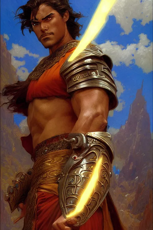 Prompt: tales from earthsea, attractive beefy male with armor, character design, dynamic lighting, cool and bright tint, painting by gaston bussiere, craig mullins, j. c. leyendecker, tom of finland