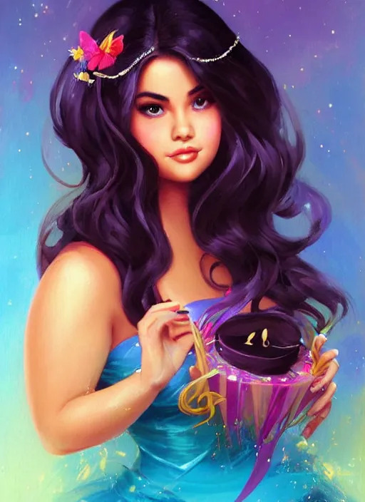 Prompt: beautiful thirty year old woman with long black hair, tan skin, curvy hourglass figure, round cute face, slightly resembles selena gomez wearing a colorful disney princess gown at her birthday party. beautiful painting by artgerm and greg rutkowski and lois van baarle