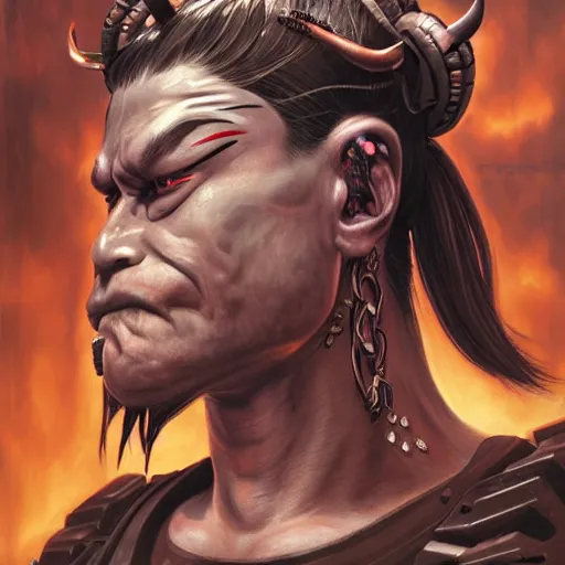 Prompt: portrait, cyberpunk japanese oni demon with horns, stern expression, cyberpunk 2 0 7 7, highly detailed, digital painting, artstation, concept art, smooth, sharp focus, illustration, artgerm, tomasz alen kopera, peter mohrbacher, donato giancola, joseph christian leyendecker, wlop, frank frazetta