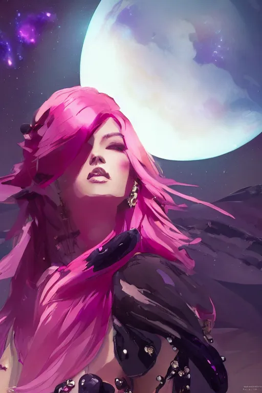 Image similar to A beautiful woman with magenta hair covering an eye basking in the moonlight on a bed of obsidian crystals below planets, tall tree, cinematic lighting, dramatic atmosphere, by Dustin Nguyen, Akihiko Yoshida, Greg Tocchini, Greg Rutkowski, Cliff Chiang, 4k resolution, trending on artstation