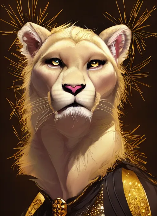 Prompt: award winning beautiful portrait commission of a male furry anthro albino mountain lion with a beautiful hyperdetailed attractive outfit and face wearing a golden and black rockstar outfit on a stage. Character design by charlie bowater, ross tran, and makoto shinkai, detailed, inked, western comic book art