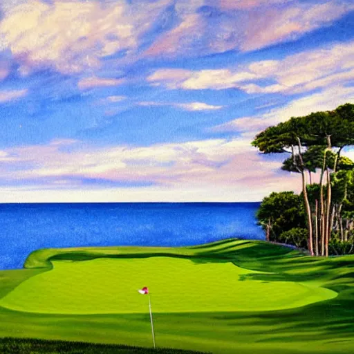 Prompt: painting of a golf course on the ocean with a partly cloudy blue sky