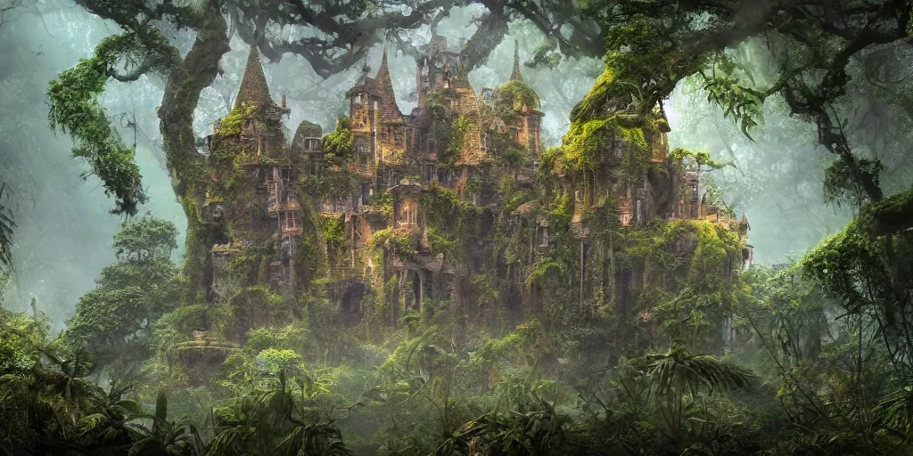 Image similar to a castle hidden in the jungle, overgrown with trees, misty, whimsical, fantasy art style, highly detailed, 4 k