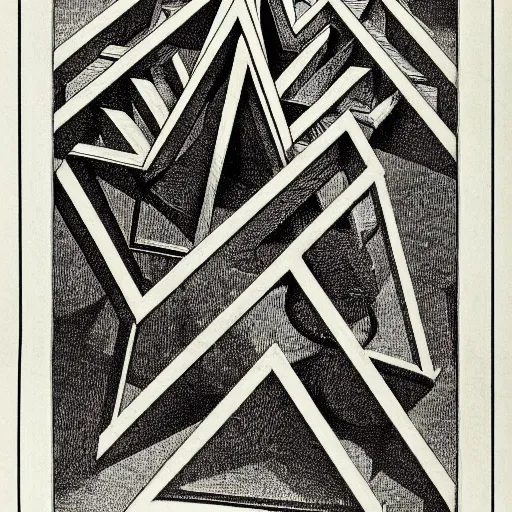 Prompt: geometrically obsessed, etching by Maurits Cornelis Escher, highly detailed