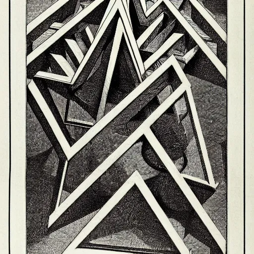 Image similar to geometrically obsessed, etching by Maurits Cornelis Escher, highly detailed