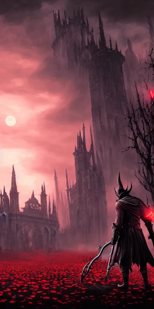 Image similar to populated bloodborne old valley with a obscure person at the centre and a ruined gothic city in the background, trees and stars in the background, falling red petals, epic red - orange moonlight, perfect lightning, wallpaper illustration by niko delort and kentaro miura, 4 k, ultra realistic