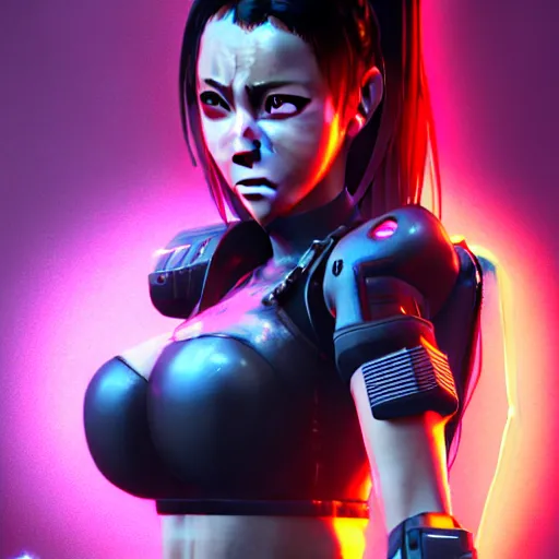 Prompt: An epic comic hyperrealistic portrait anime cg of a cyber warrrior girl wearing futuristic wardrobe, black and reddis, ultradetailed face expression trending on artstation and artbreeder, cyberpunk 2077 color, heavy rainning at tokyo street night, neon ligh, DAZ, 8k, unreal 5 engine render, cosplay, RPG portrait, final fantasy Vll world concept, dramatic lighting, rim lights, PS5 render quality