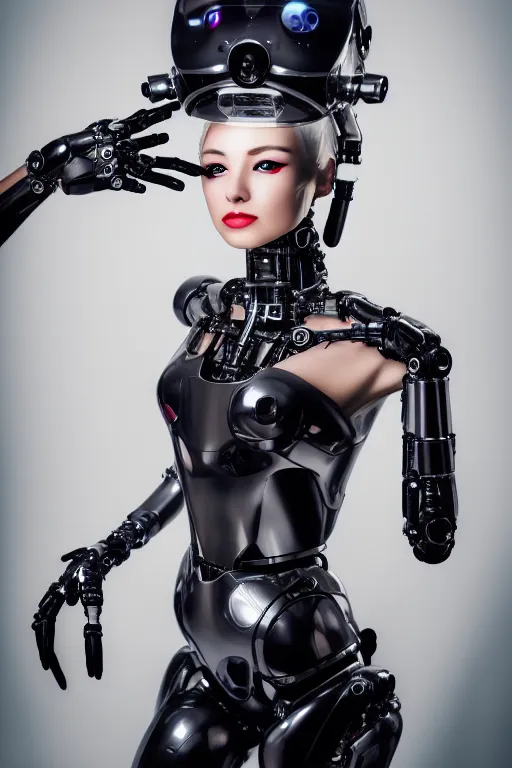 Image similar to cybernetic ultra high tech female robot with cat ears, neo - rococo, sci - fi, cyberpunk, high tech, futurism, exoskeleton, symmetry, cinematic, elegant, luxury, perfect light, perfect composition, dlsr photography, sharp focus, 8 k, ultra hd, sense of awe, highly detailed, realistic, intricate, science journal cover