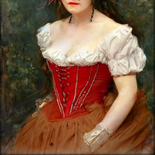 Image similar to Solomon Joseph Solomon and Richard Schmid and Jeremy Lipking victorian genre painting portrait painting of a happy young beautiful woman traditional german french actress model pirate wench in fantasy costume, red background