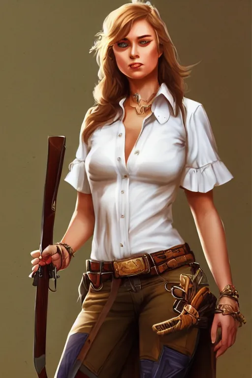 Image similar to full body, female cowgirl, perfect face, white blouse, long rifle, 8 k, magic the gathering, desert, d & d, artstation