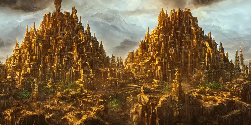 Image similar to Lost city of El Dorado, golden relics, fantasy art, in the style of Turine Tran, illustration, epic, fantasy, intricate, elgant, amazing detail, digital painting, artstation, concept art, smooth, sharp focus