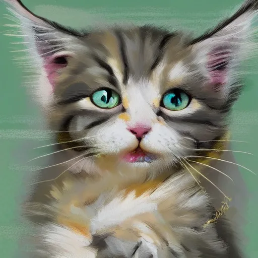 Prompt: a cream - colored maine coon kitten, digital art, by david schluss, colorful, gestural painting, abstract expressionists, jackson pollock, willem de kooning. energy influenced by both nature and music