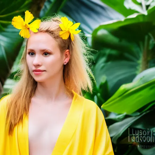 Prompt: head and shoulder portrait photograph of a young blond woman wearing a yellow kimono in a tropical greenhouse, super resolution. 35 mm lens, bokeh