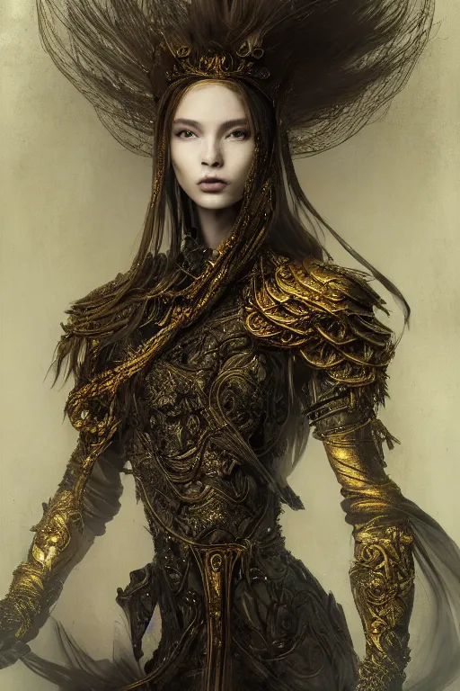 Image similar to portrait of a beautiful 20-year-old woman by Mario Testino, Dark Souls 3 themed, in style of Ruan Jia, insanely detailed and intricate, golden ratio, elegant, ornate, luxury, elite, matte painting, cinematic, cgsociety, James jean, Brian froud, ross tran, Laputa