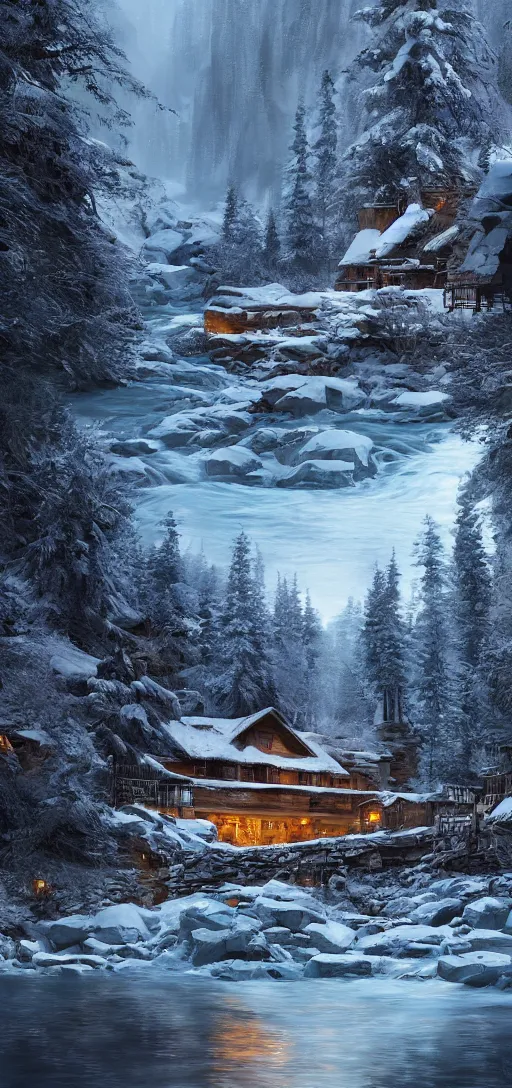 Image similar to cozy lodge beside a river stream in the canadian wilderness in winter, dramatic lighting, cinematic, establishing shot, extremely high detail, photo realistic, cinematic lighting, post processed, concept art, artstation, matte painting, style by eddie mendoza, raphael lacoste, alex ross