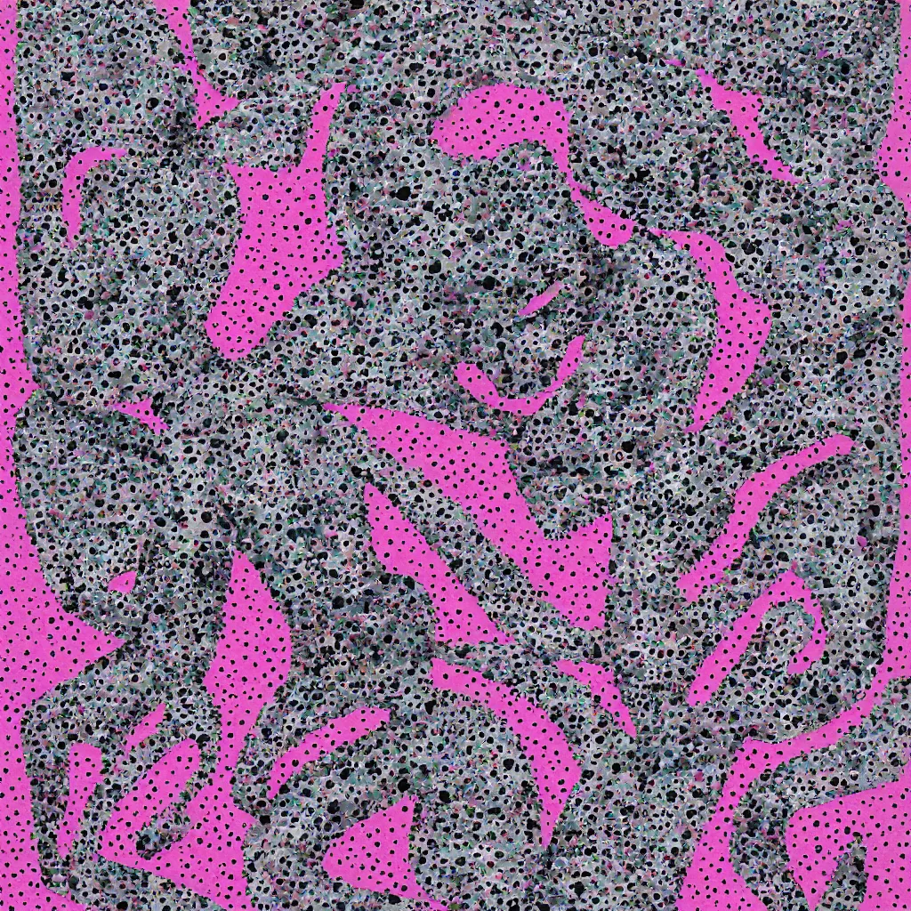 Image similar to camo made of out teeth, smiling, abstract, maya bloch artwork, pink convertible, do hoang tuong artwork, cryptic, dots, stipple, lines, splotch, concrete, color tearing, pitch bending, faceless people, tribal, dark, ominous, eerie, minimal, points, technical, painting