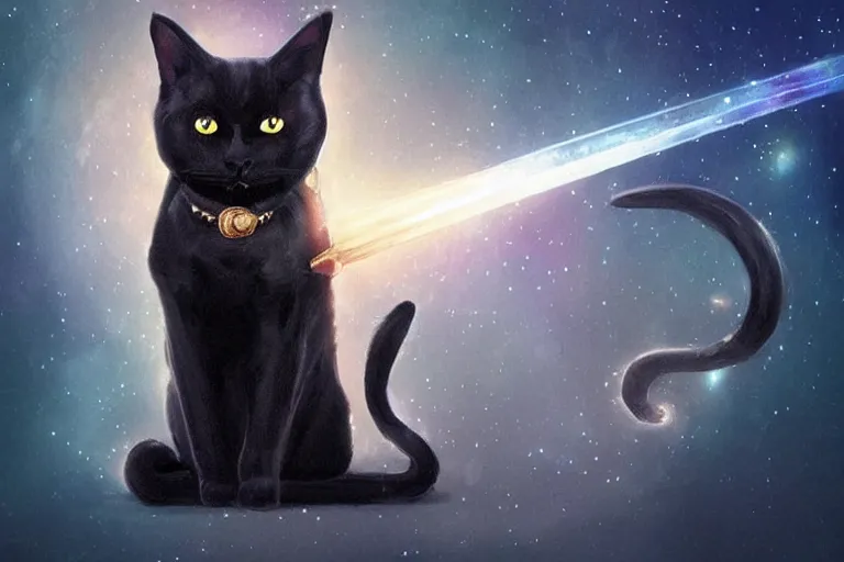 Prompt: a black cat holding a sword of galaxy, magic, digital art, glowing effect , concept art trending on artstation ,