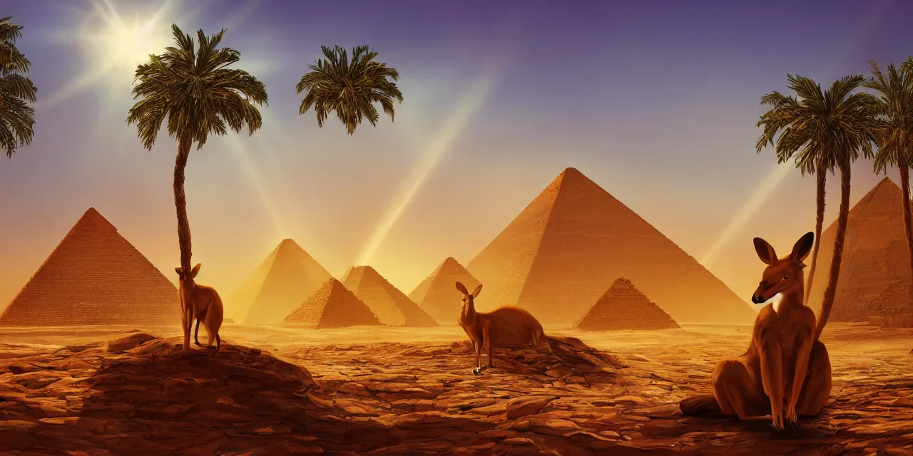 Prompt: a professional portrait, of an anthropomorphic kangaroo sitting outside of an ancient egyptian pyramid, tropical palm trees and eucalyptus trees everywhere, rocky desert cliffs in background, sunset, sunrays, cinematic lighting, ancient egyptian architecture buildings, detailed, artstation, omni magazine, orange sky,