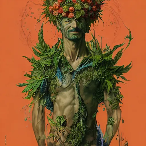 Image similar to Psychedelic Physique Portrait of a Shaman Guy wearing an ivy costume plant disguised as a human standing atop a red clay pot greg rutkowski jen bartel peter mohrbacher anna podedworna arthur rackham salvador dali octavio ocampo jacek yerka winslow homer norman rockwell uta natsume prismacolor tombow quill