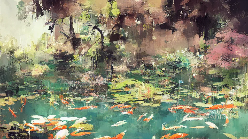 Prompt: painting of a koi pond by ismail inceoglu