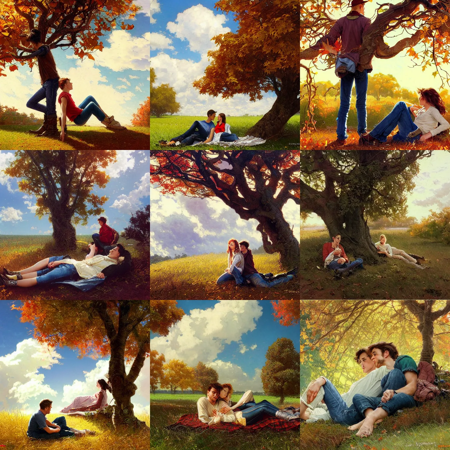 Prompt: young man and woman laying under a tree looking at clouds autumn, wearing jeans, by stanley artgerm lau, greg rutkowski, thomas kindkade, alphonse mucha, loish, norman rockwell